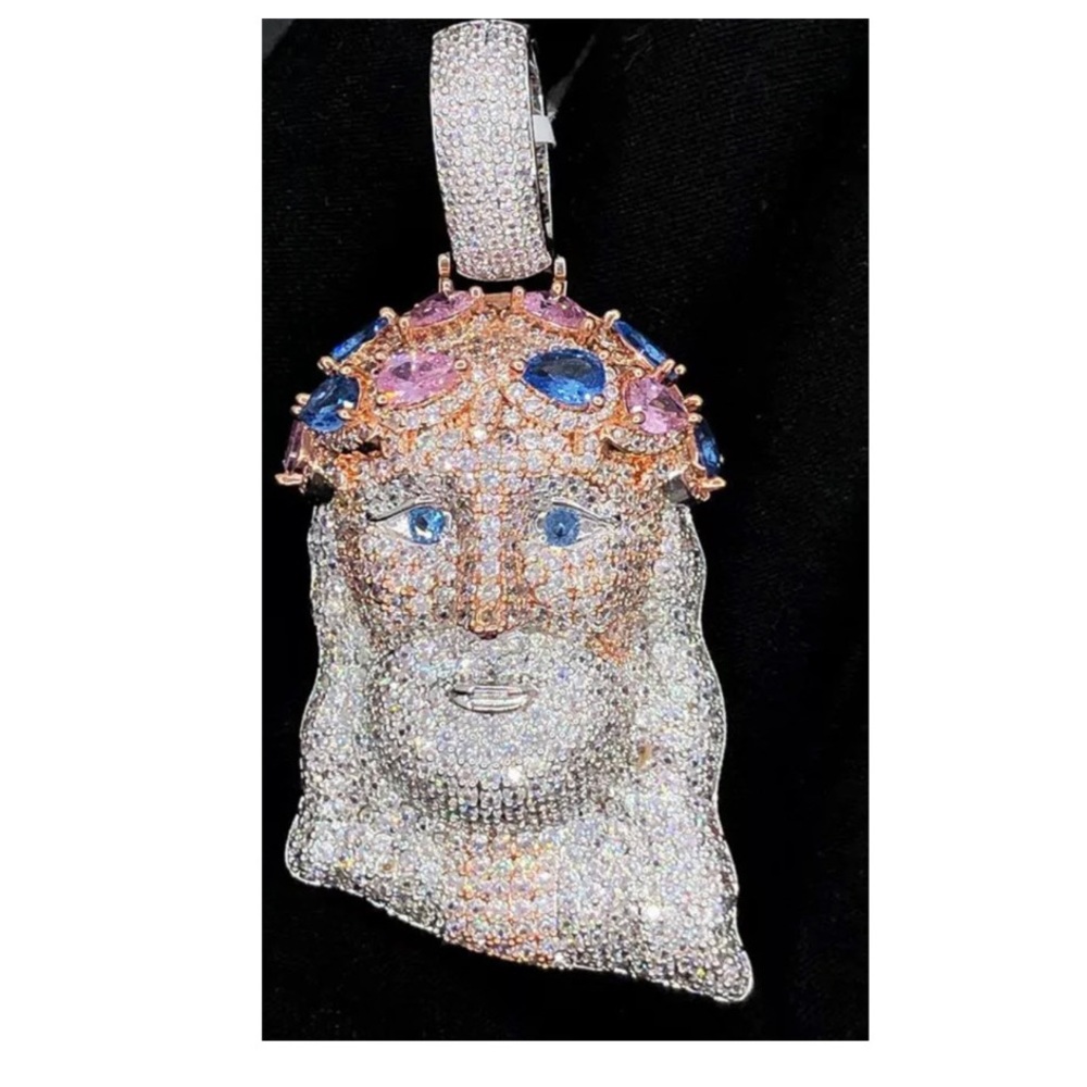 Jeweled Crown Jesus Piece VVS CZ Hip Hop Iced Out Pendant Bling Bling Charm